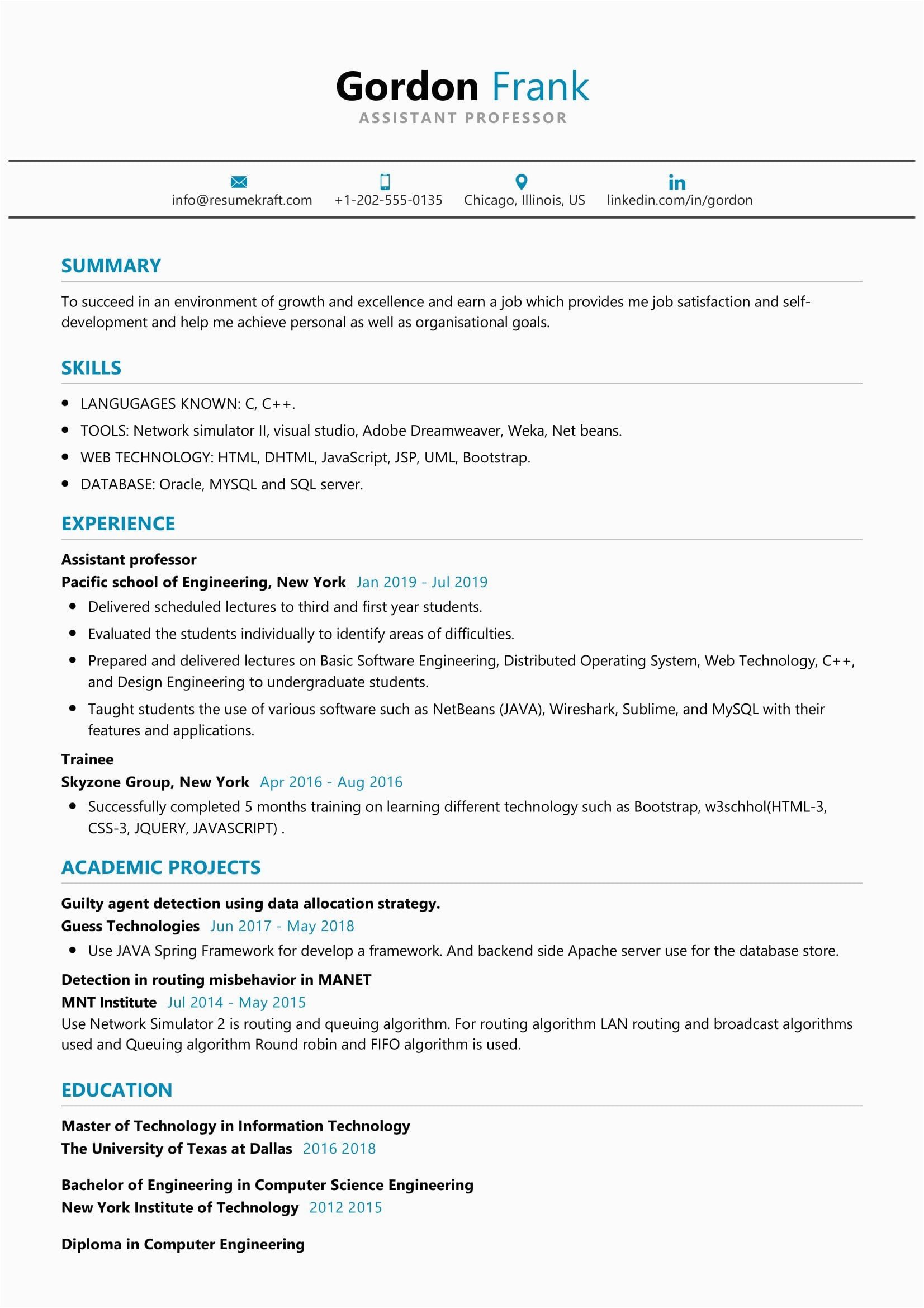 Sample Resume for assistant Professor In Engineering College for Experienced assistant Professor Resume Sample 2021