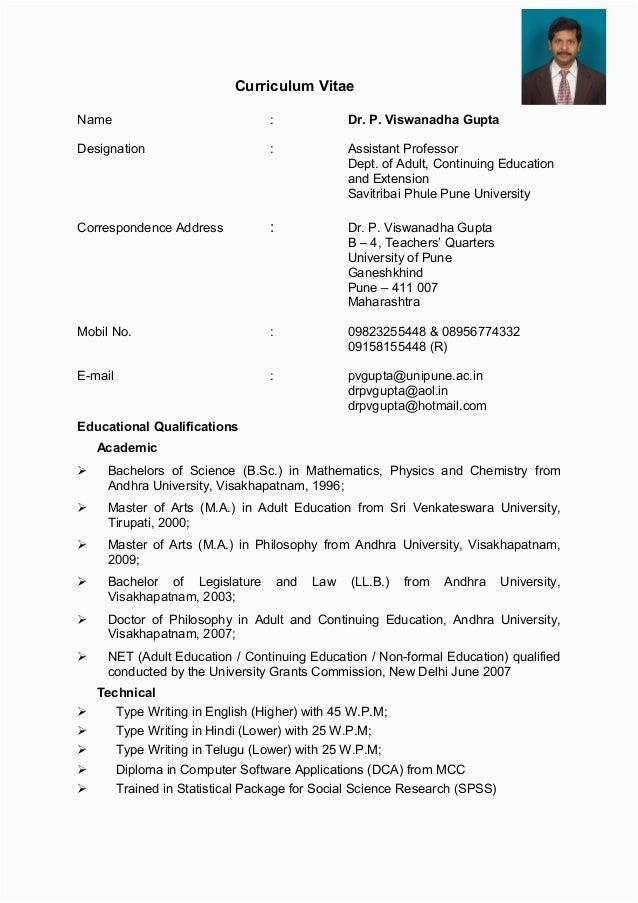 Sample Resume for assistant Professor In India Cv Gupta
