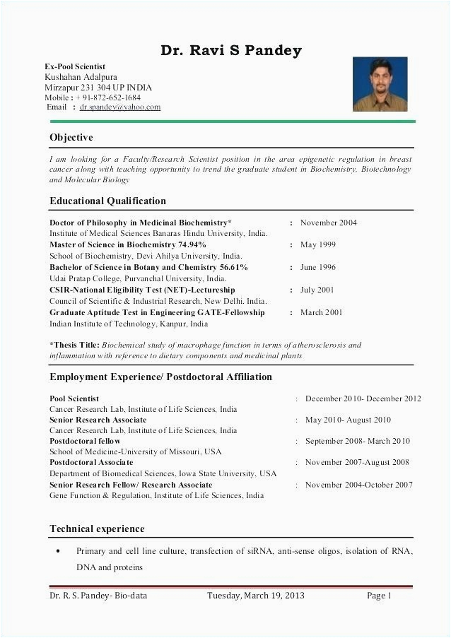 Sample Resume for assistant Professor In India Resume format for Zoology Lecturer Resume format