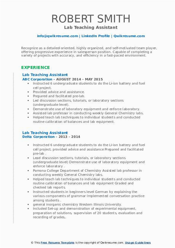 Sample Resume for assistant Professor In Mathematics Lab Teaching assistant Resume Samples