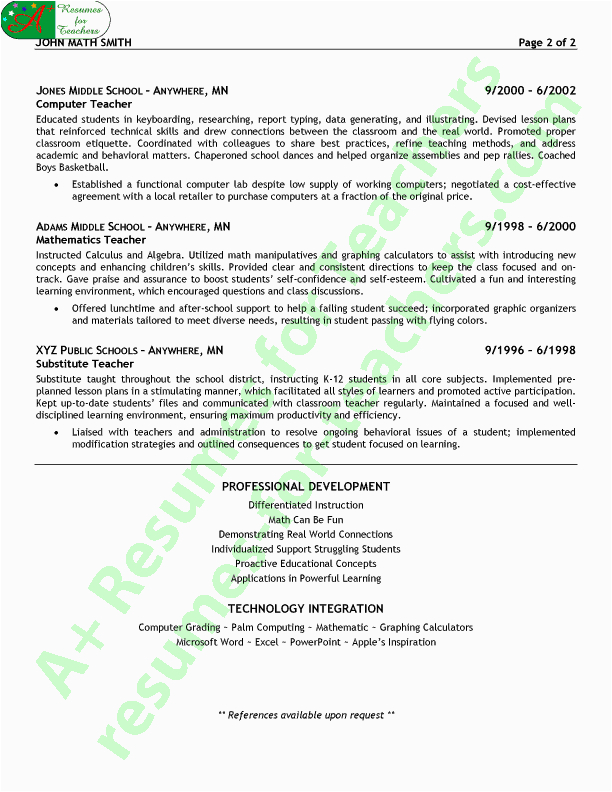 Sample Resume for assistant Professor In Mathematics Math Teacher Resume Sample Page 2