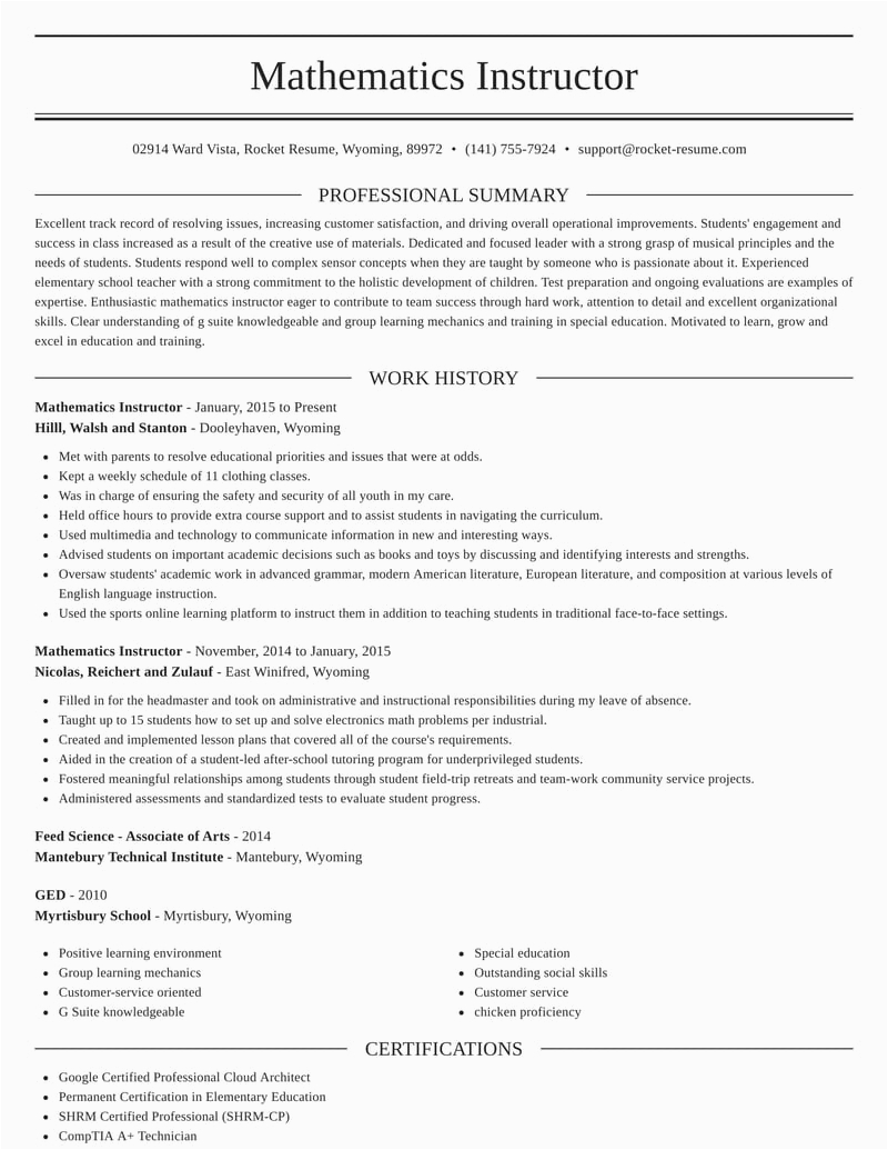 Sample Resume for assistant Professor In Mathematics Mathematics Instructor Resumes