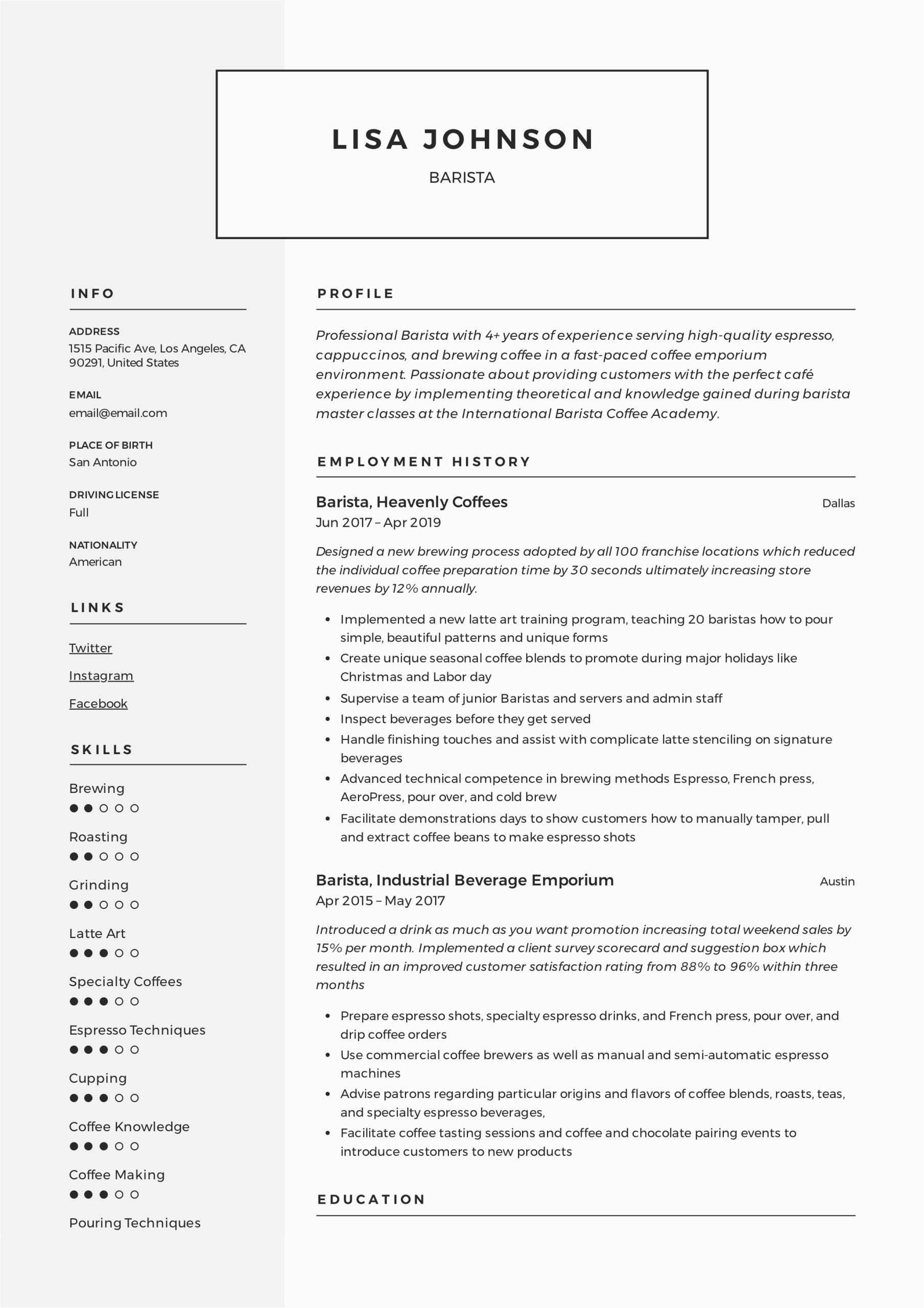 Sample Resume for Coffee Shop Barista Barista Resume & Writing Guide 12 Resume Templates