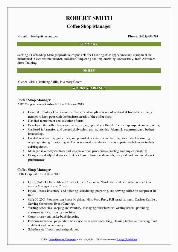 Sample Resume for Coffee Shop Manager Coffee Shop Manager Resume Samples
