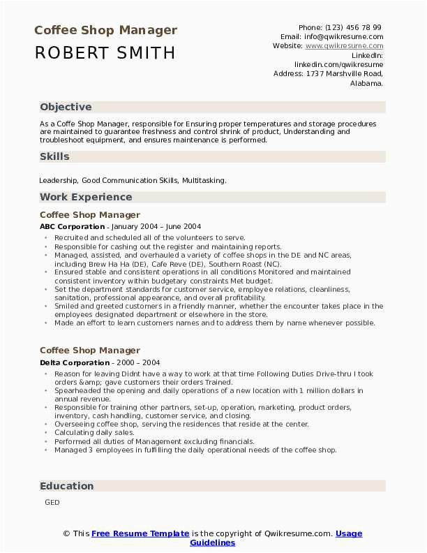 Sample Resume for Coffee Shop Manager Coffee Shop Manager Resume Samples
