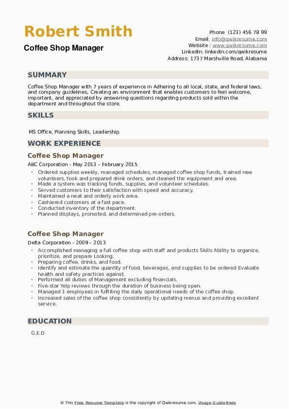 Sample Resume for Coffee Shop Supervisor Coffee Shop Manager Resume Samples