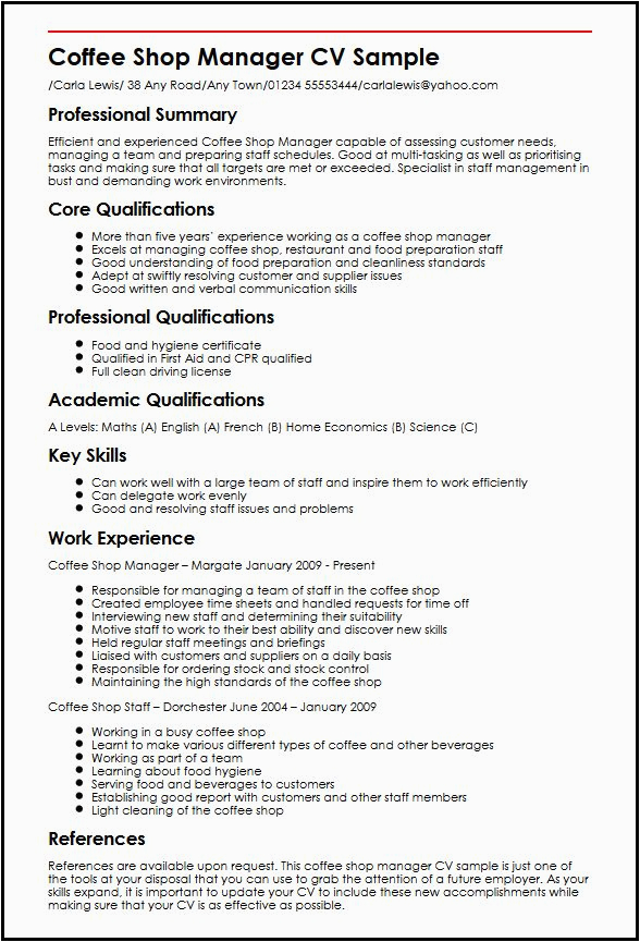 Sample Resume for Coffee Shop Supervisor See Our 1 Coffee Shop Manager Cv Example