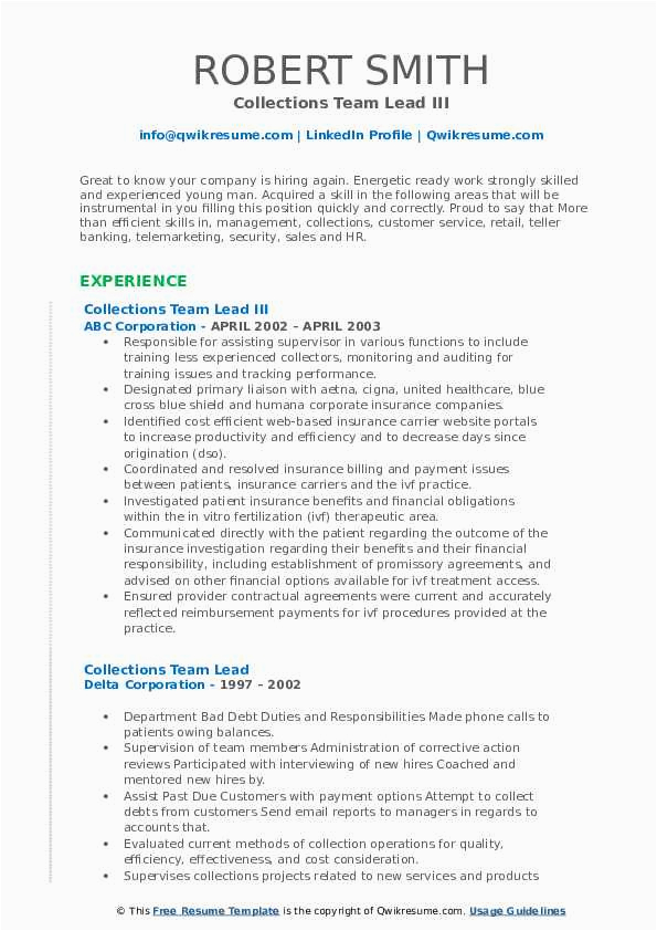 Sample Resume for Collections Team Leader Collections Team Lead Resume Samples