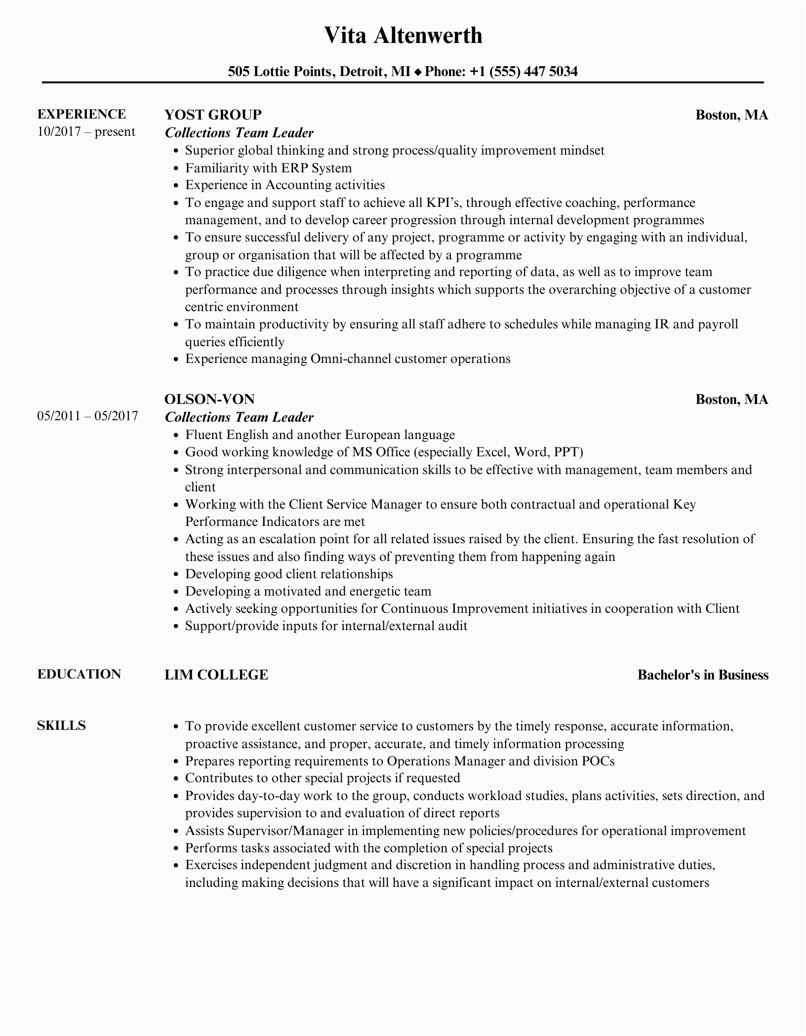 Sample Resume for Collections Team Leader Collections Team Leader Resume Samples