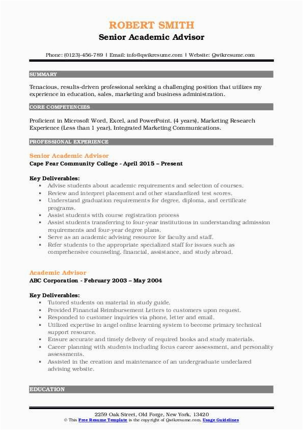 Sample Resume for College Academic Advisor Academic Advisor Resume Samples