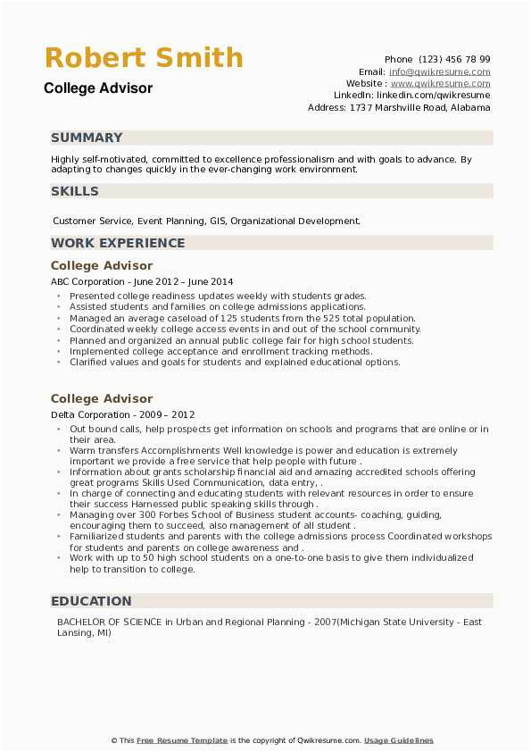 Sample Resume for College Academic Advisor College Advisor Resume Samples