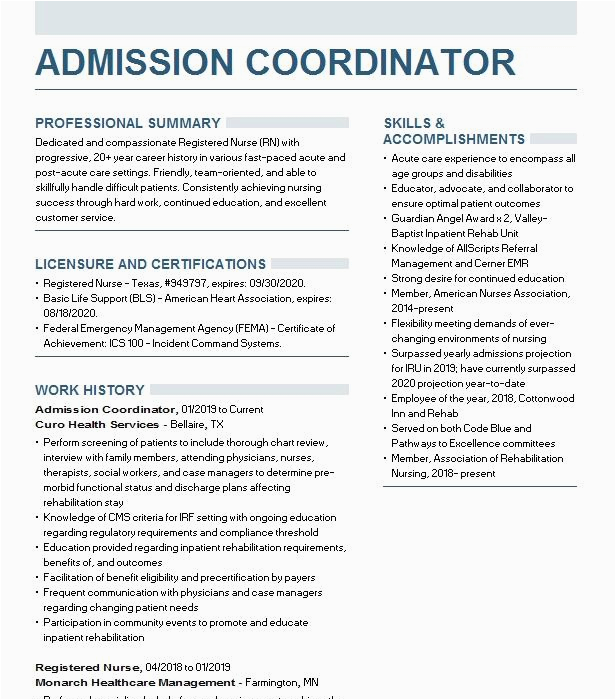 Sample Resume for College Admissions Coordinator Admission Coordinator Resume Example Valley Baptist Medical Center