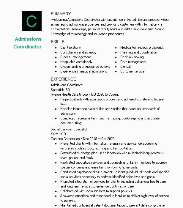 Sample Resume for College Admissions Coordinator Admissions Coordinator Resume Example Cambridge Health & Rehabilitation