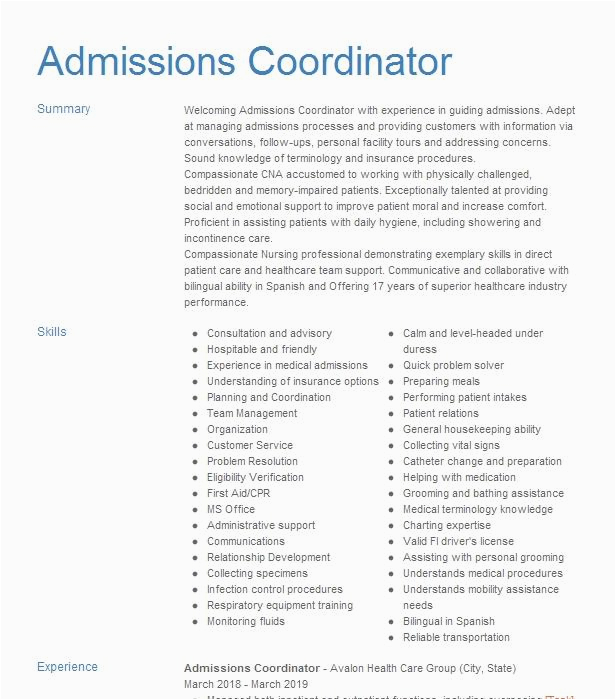 Sample Resume for College Admissions Coordinator Admissions Coordinator Resume Example Trio Healthcare Rosenberg Texas