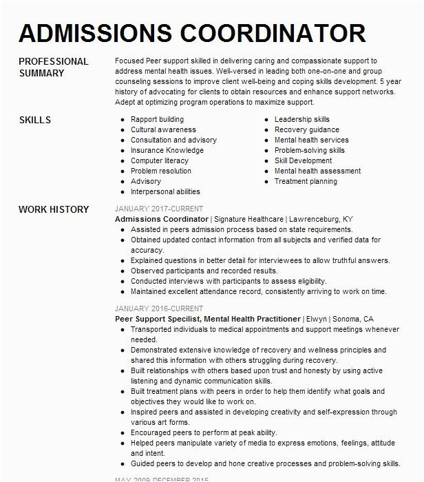 Sample Resume for College Admissions Coordinator Admissions Coordinator Resume Example University Hospitals Cleveland