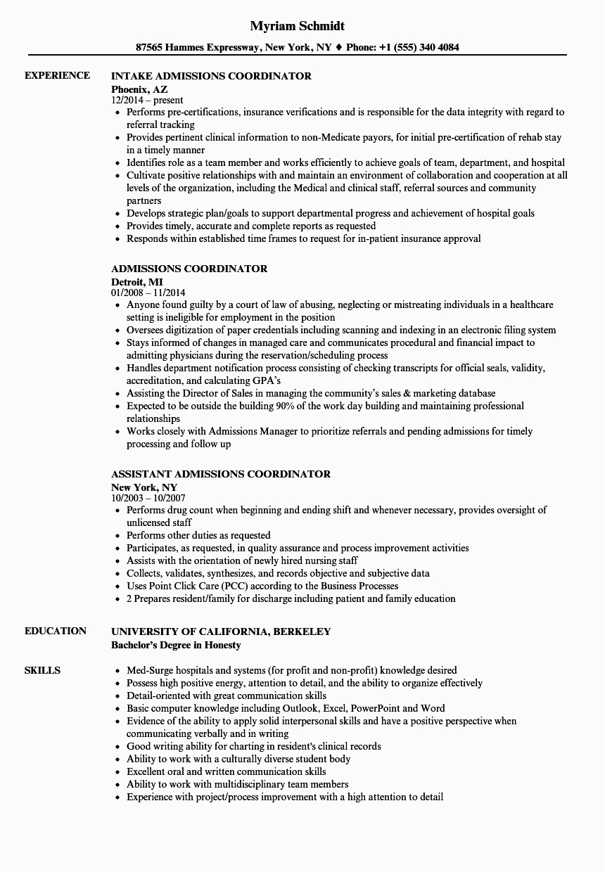 Sample Resume for College Admissions Coordinator Admissions Coordinator Resume Samples