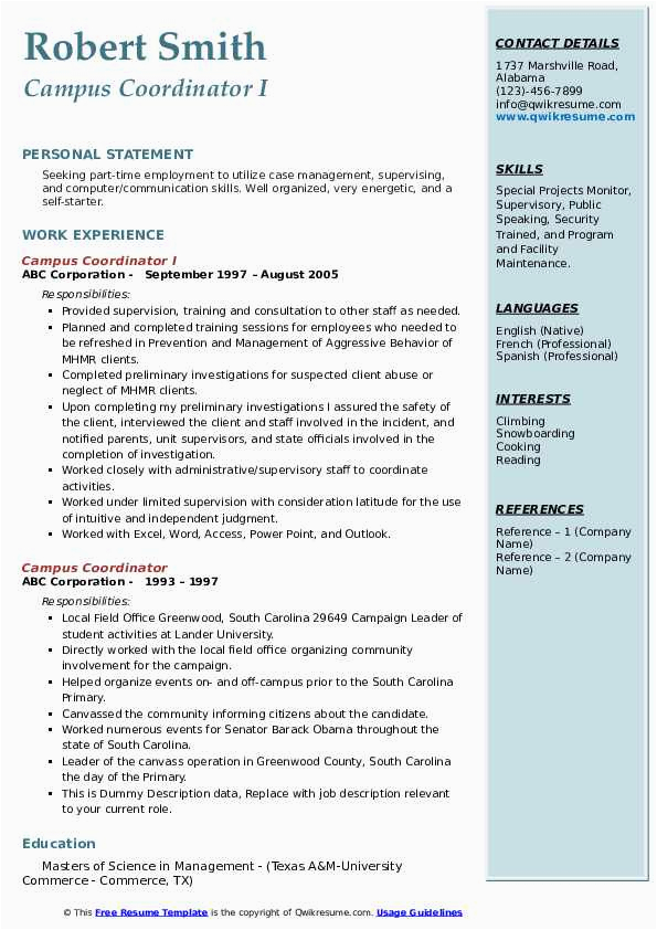 Sample Resume for College Admissions Coordinator Campus Coordinator Resume Samples