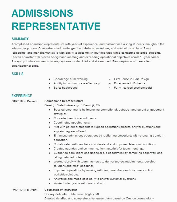 Sample Resume for College Admissions Rep Admissions Representative Resume Example southern Technical College