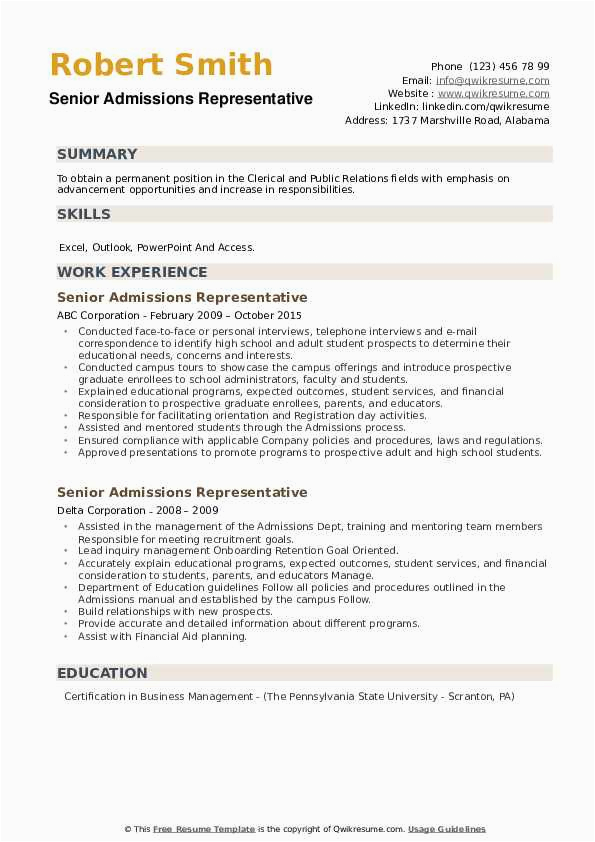 Sample Resume for College Admissions Rep Senior Admissions Representative Resume Samples