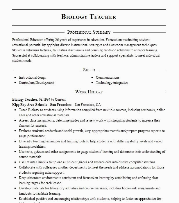 Sample Resume for College Biology Teaching Position Biology Teacher Resume Example Kipp Houston Houston Texas