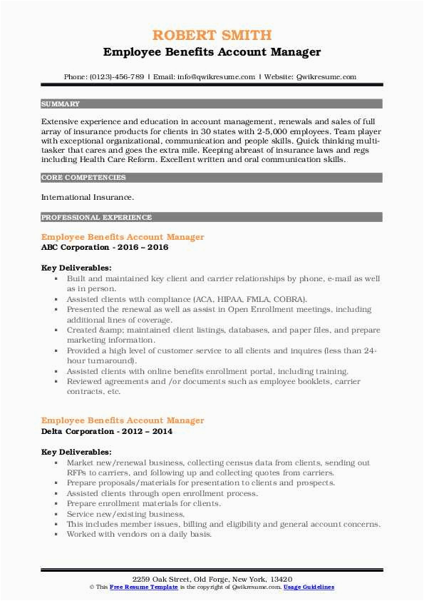 Sample Resume for Employee Benefits Account Manager Employee Benefits Account Manager Resume Samples