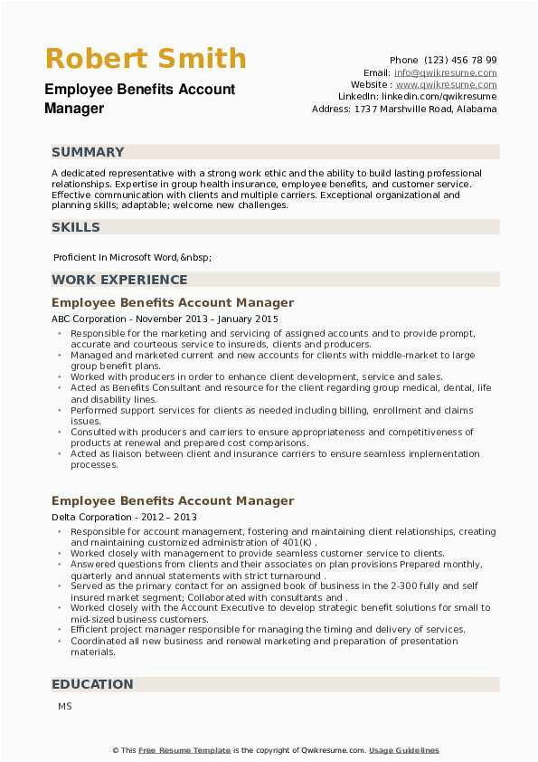 Sample Resume for Employee Benefits Account Manager Employee Benefits Account Manager Resume Samples
