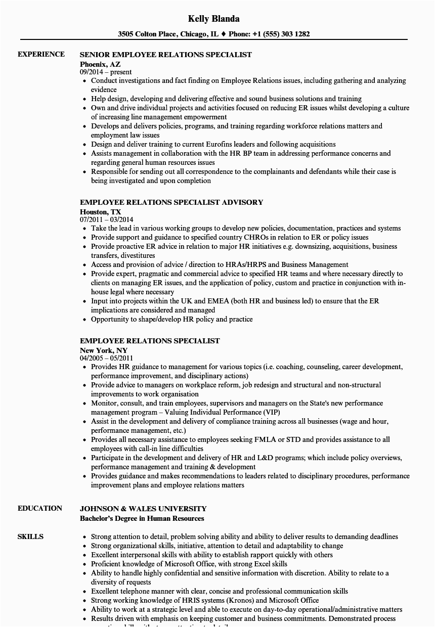 Sample Resume for Employee Relations Consultant Employee Relations Specialist Resume Samples