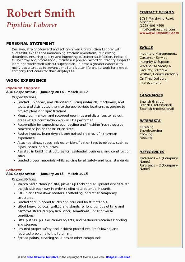 Sample Resume for Energy Coop Laborer Position Laborer Resume Samples