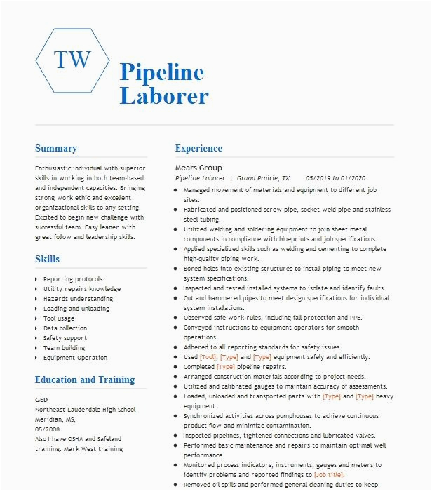 Sample Resume for Energy Coop Laborer Position Pipeline Laborer Resume Example Mears Group oroville California