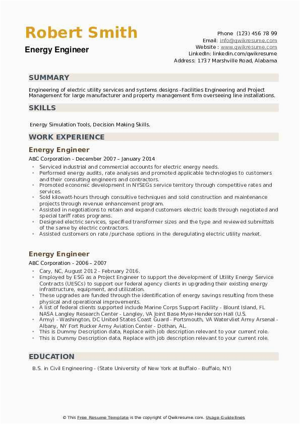 Sample Resume for Energy Trainee Position Energy Engineer Resume Samples