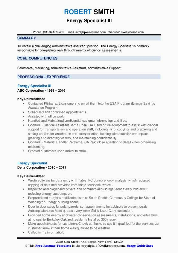 Sample Resume for Energy Trainee Position Energy Specialist Resume Samples