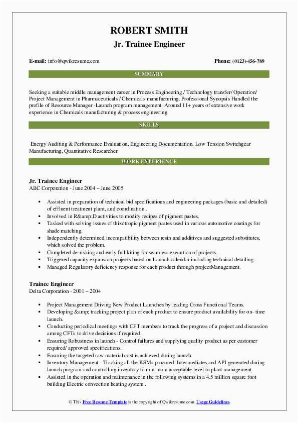 Sample Resume for Energy Trainee Position Trainee Engineer Resume Samples