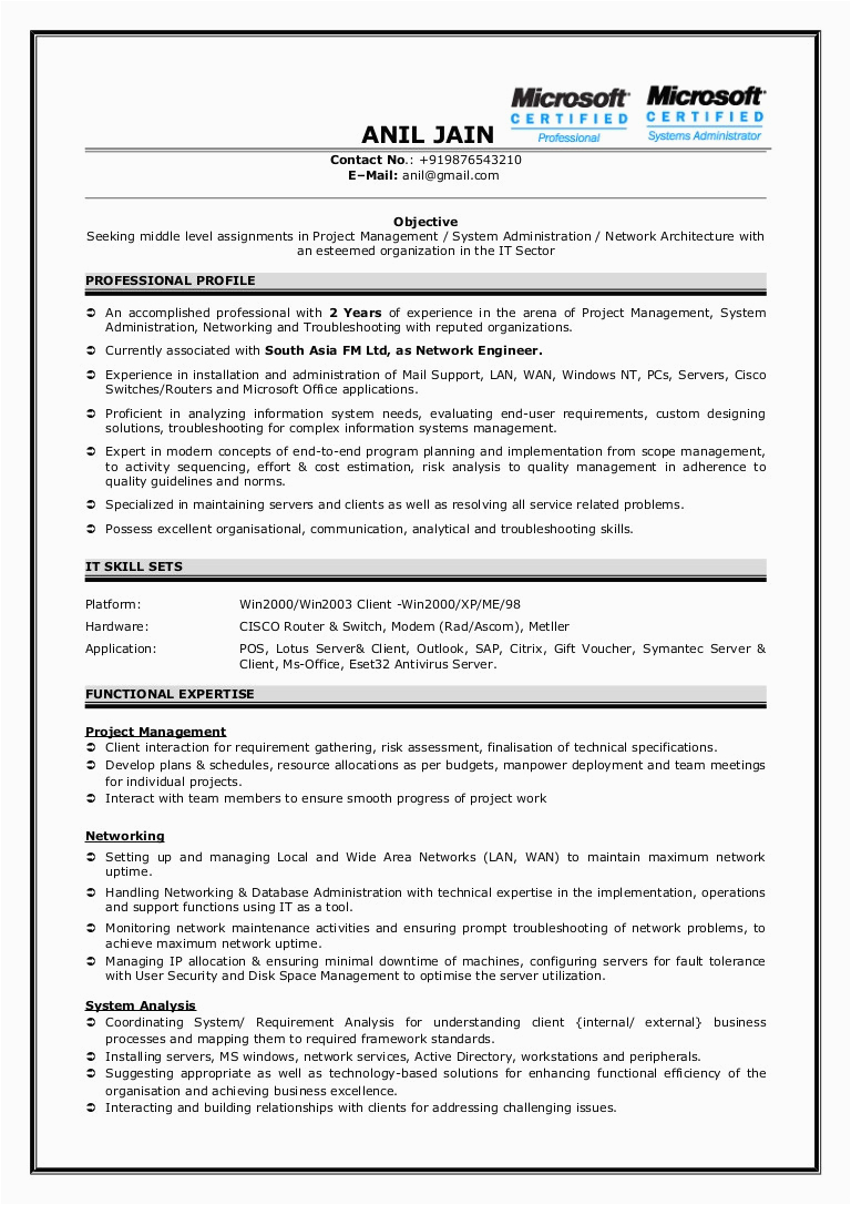 Sample Resume for Engineering Internship India Network Engineer Resume In India