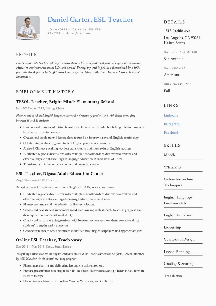 Sample Resume for English Teacher Job Esl Teacher Resume Example