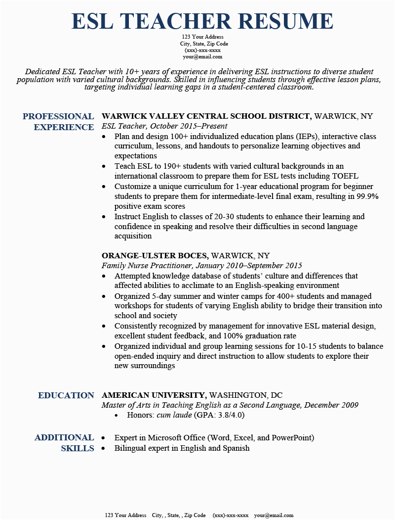 Sample Resume for English Teacher Job Esl Teacher Resume [sample & How to Write]