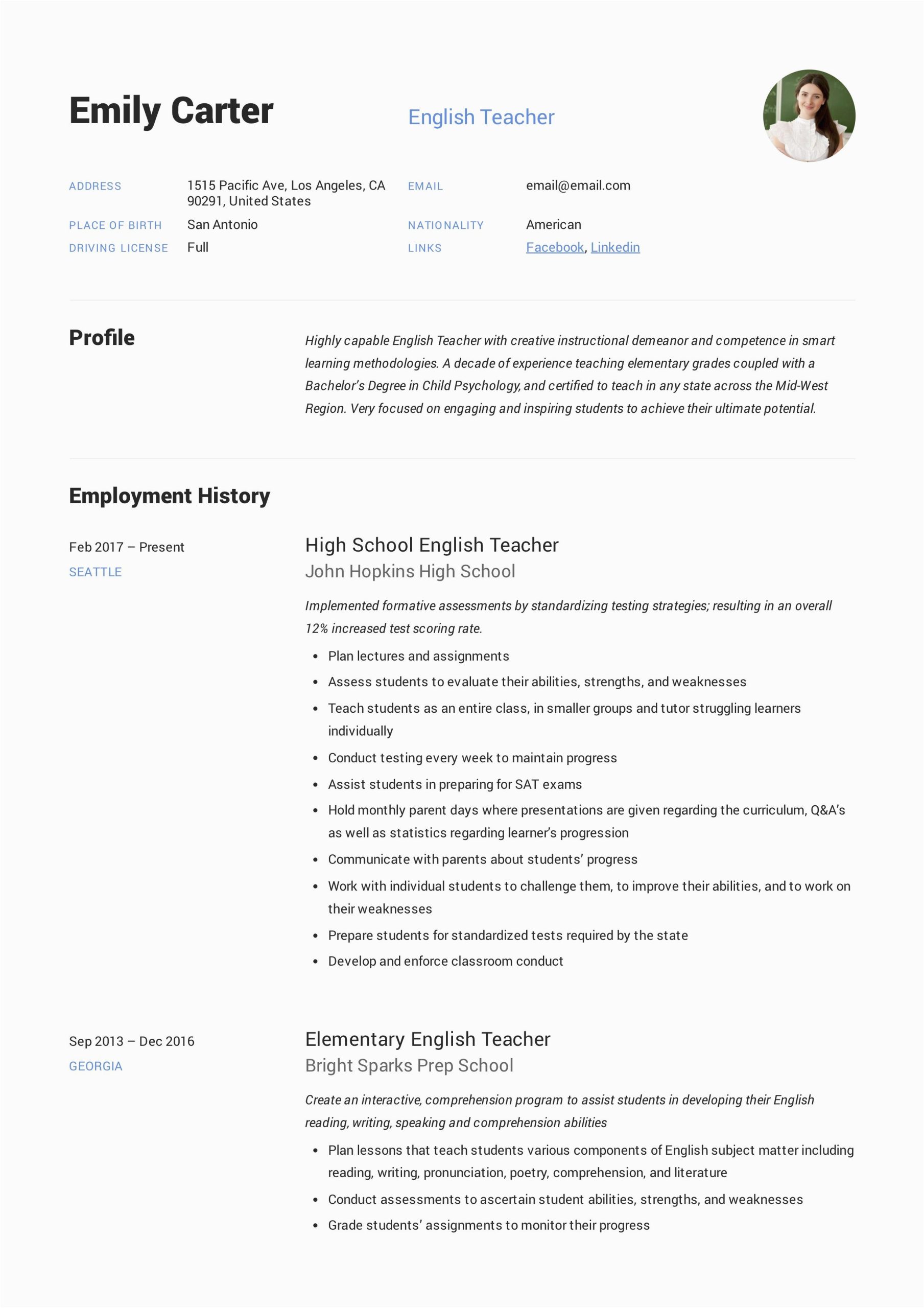 Sample Resume for English Teacher Job Pin On English School Teacher Resume Templates