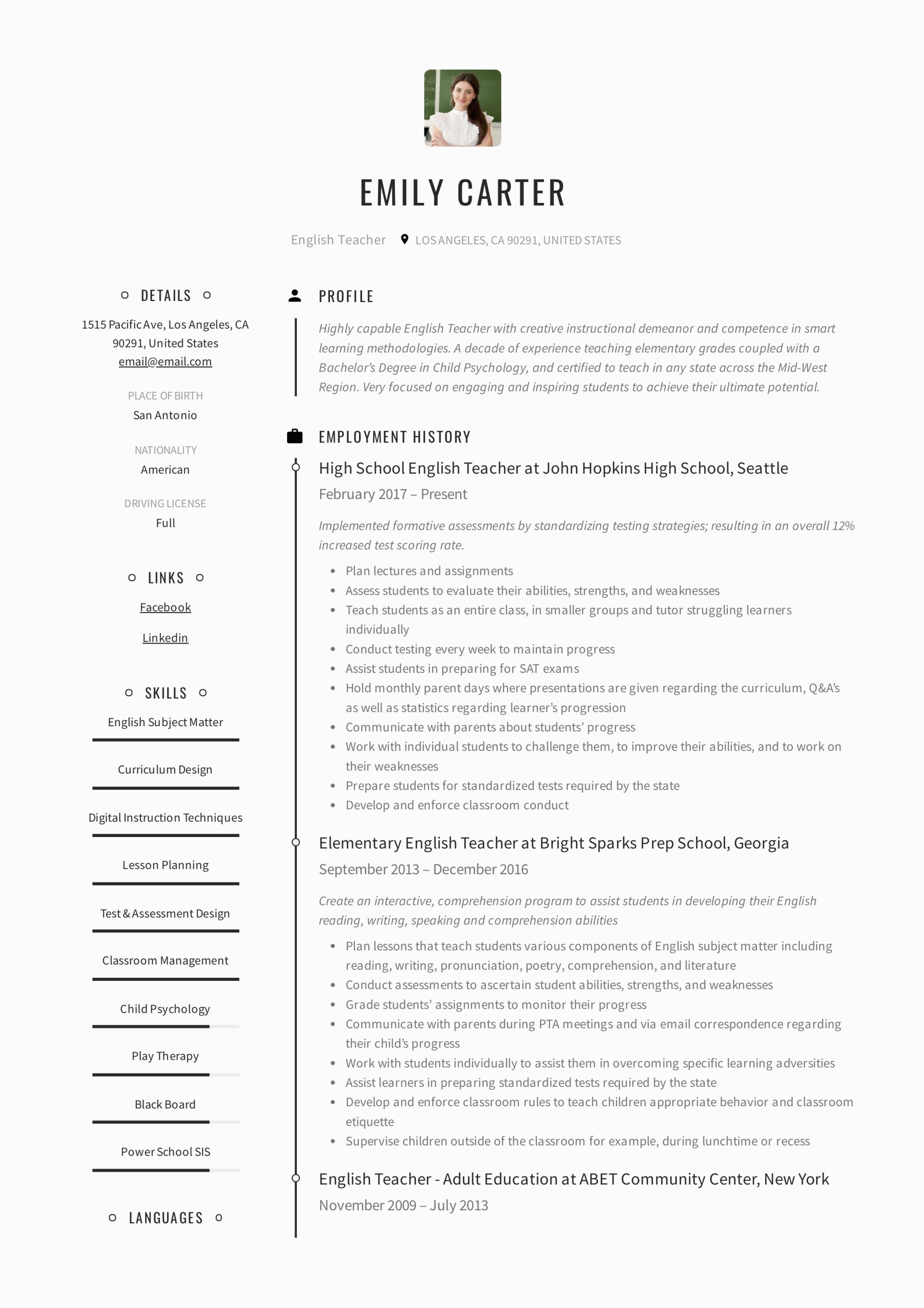 Sample Resume for English Teacher with Experience English Teacher Resume Sample & Writing Guide