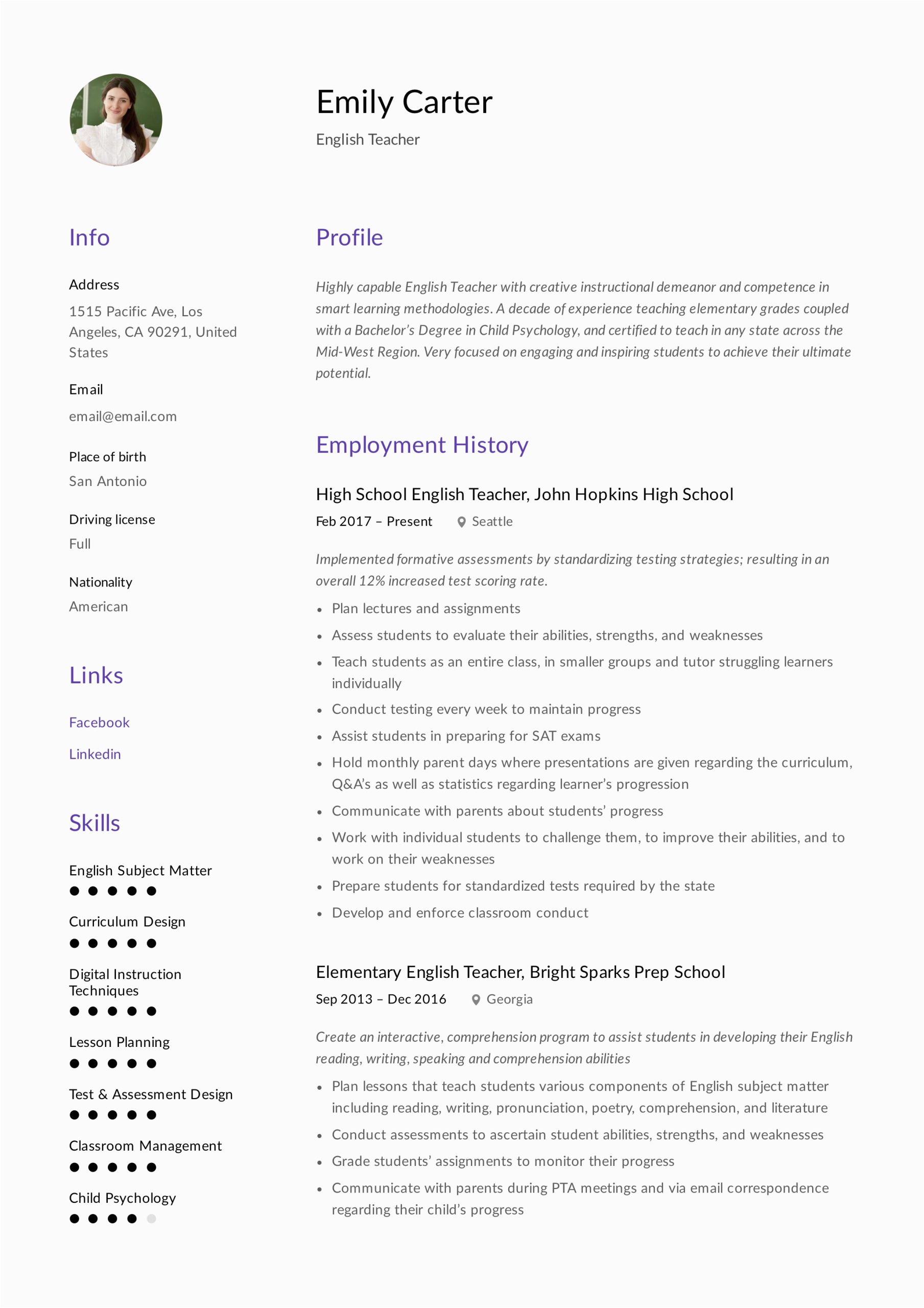 Sample Resume for English Teacher with Experience English Teacher Resume & Writing Guide 12 Free Templates