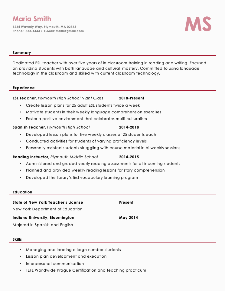 Sample Resume for English Teacher with Experience Esl Teacher Resume Example