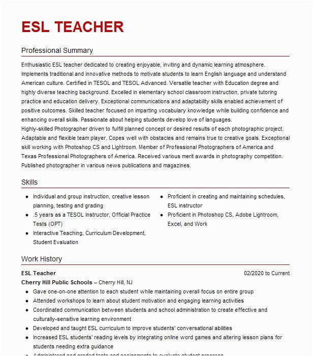 Sample Resume for English Teacher with Experience Esl Teacher Resume Example Resumes Misc