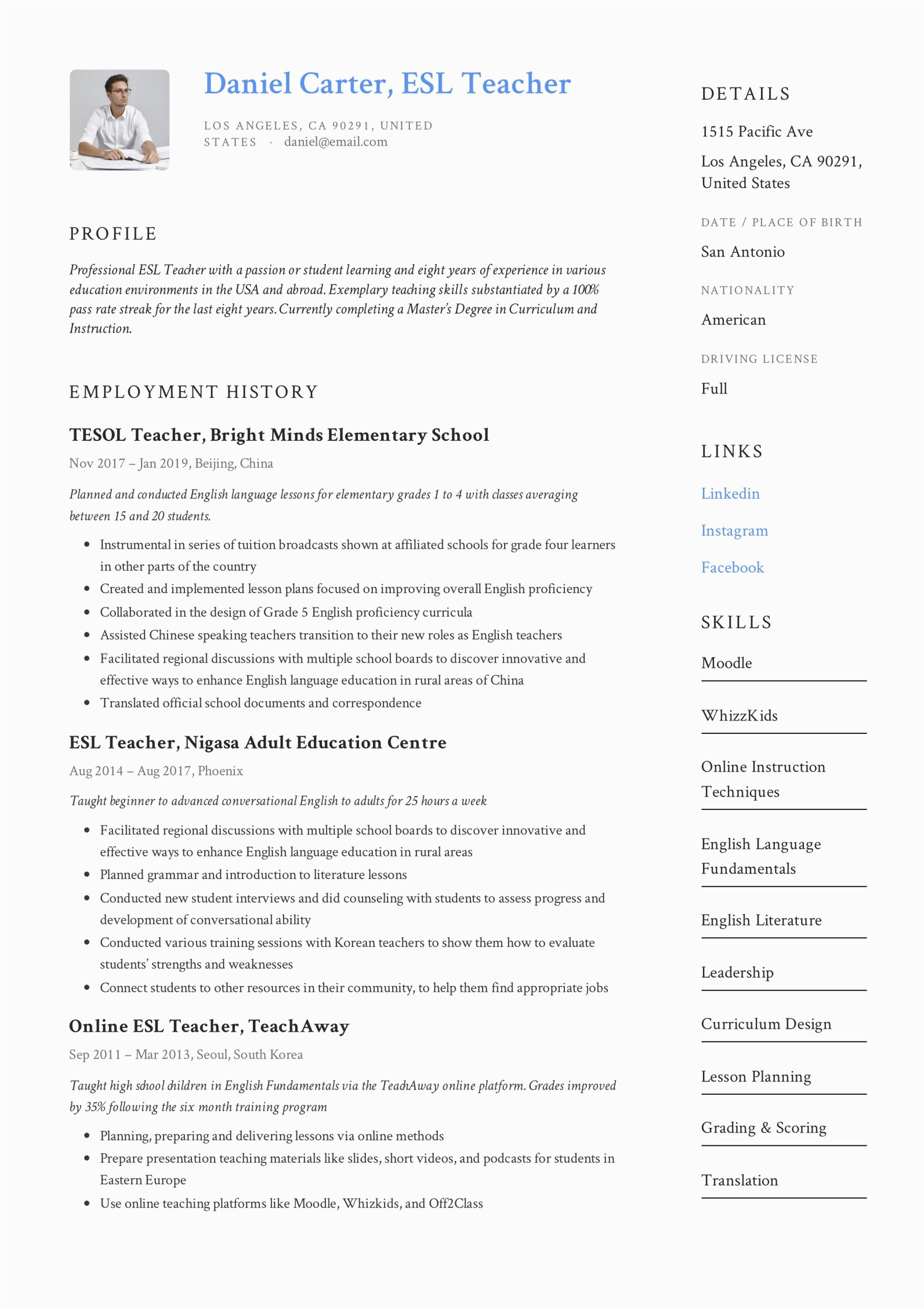 Sample Resume for English Teacher with Experience Esl Teacher Resume Sample & Writing Guide