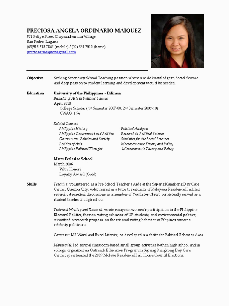Sample Resume for English Teachers In the Philippines Preciosa Angela Maiquez Resume Teacher Philippines
