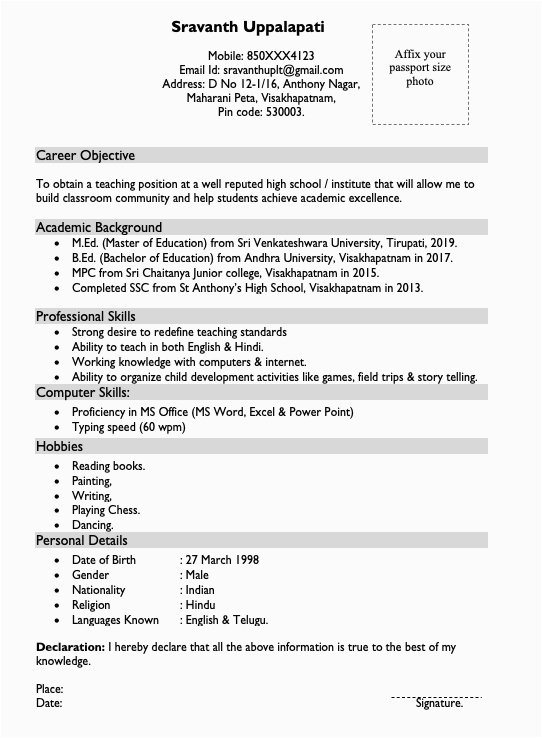 Sample Resume for English Teachers India Resume for Teacher format for India 16 Resume English Teacher In India