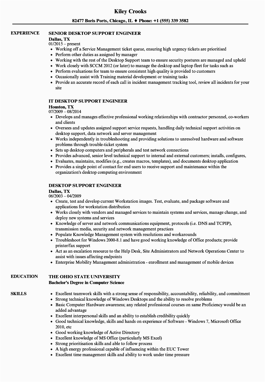 Sample Resume for Experienced Desktop Support Engineer Help Desk Engineer Cv November 2020