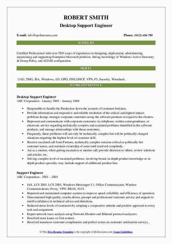 Sample Resume for Experienced Desktop Support Engineer Support Engineer Resume Samples