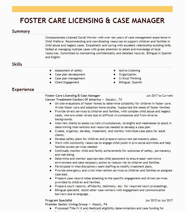 Sample Resume for Foster Care Case Worker Foster Care Case Manager Resume Example Department Family and