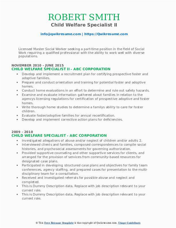 Sample Resume for Foster Home Licensing Specialist for Procurement Child Welfare Specialist Resume Samples
