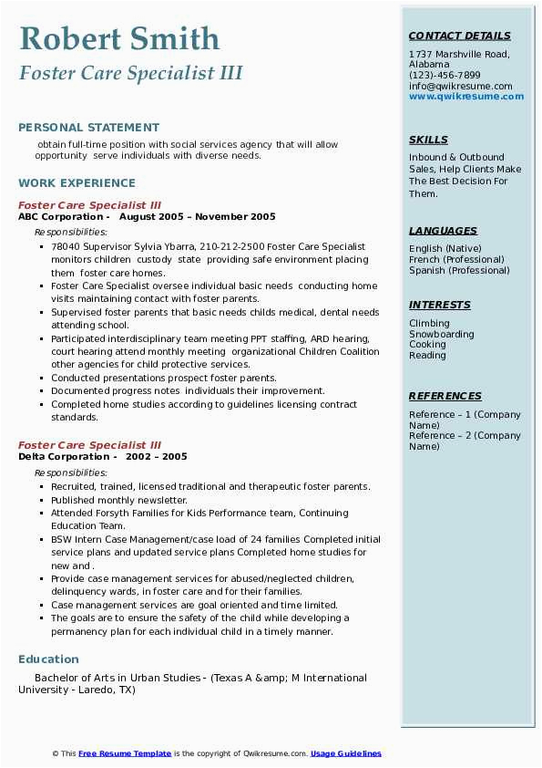 Sample Resume for Foster Home Licensing Specialist for Procurement Foster Care Specialist Resume Samples