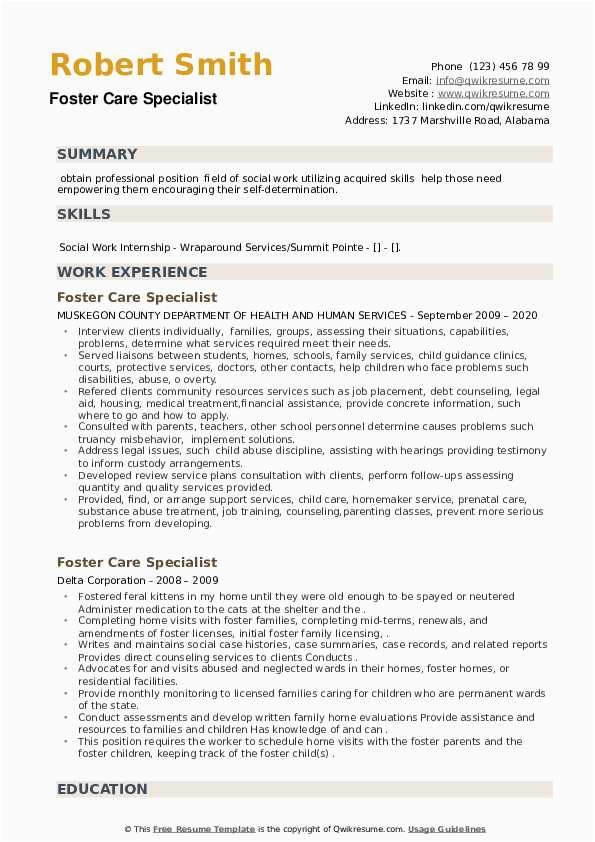 Sample Resume for Foster Home Licensing Specialist Foster Care Specialist Resume Samples