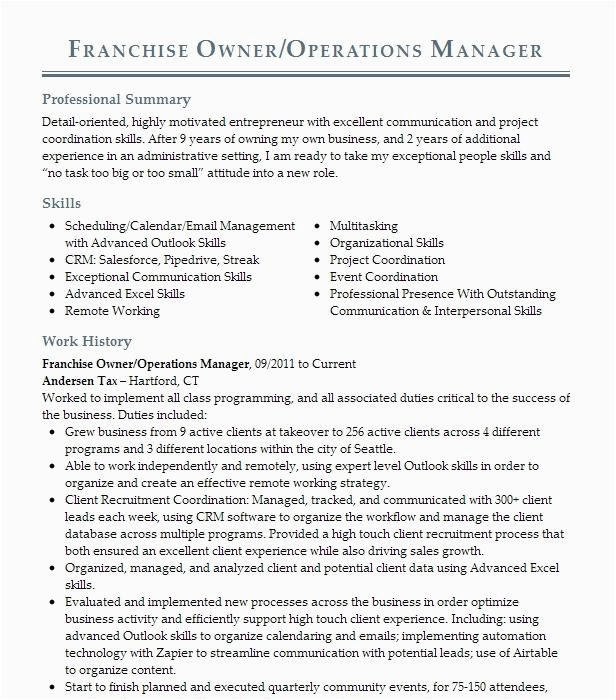 Sample Resume for Franchise Operations Manager Franchise Manager Resume Example Pany Name Vineland New Jersey